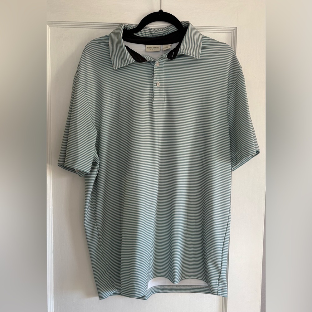 Rorie Whelan Golf Men's Light Blue and White Striped Polo Size Large